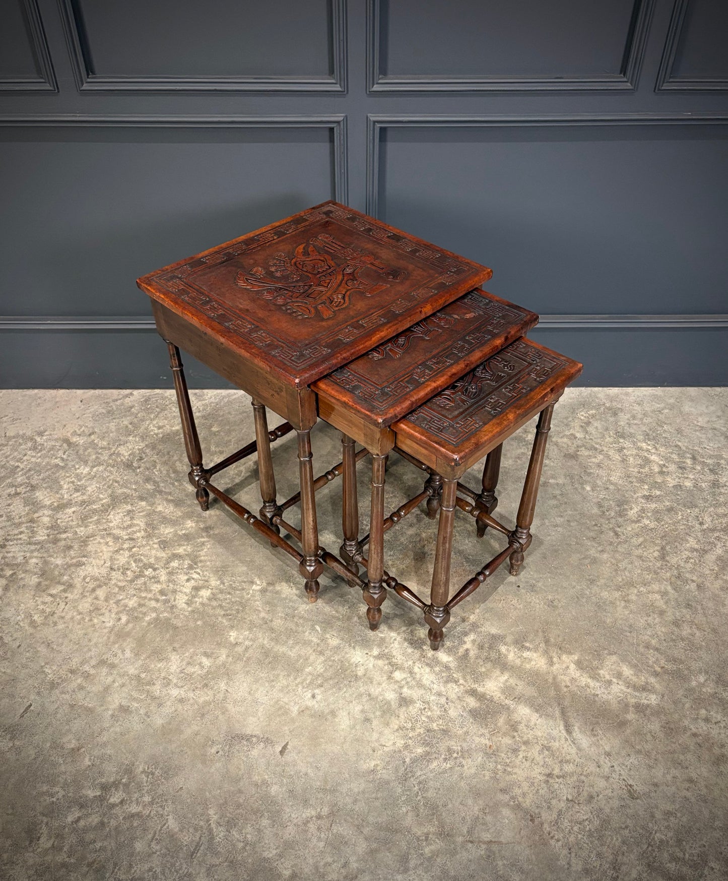 Nest of Three Embossed Leather Top Tables