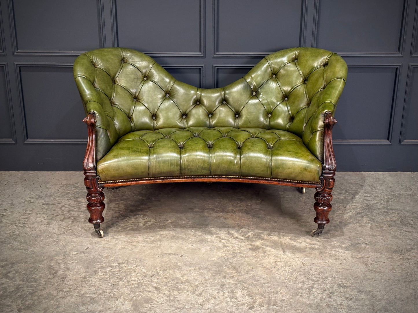 Victorian Green Buttoned Leather Double Spoon-Back Sofa