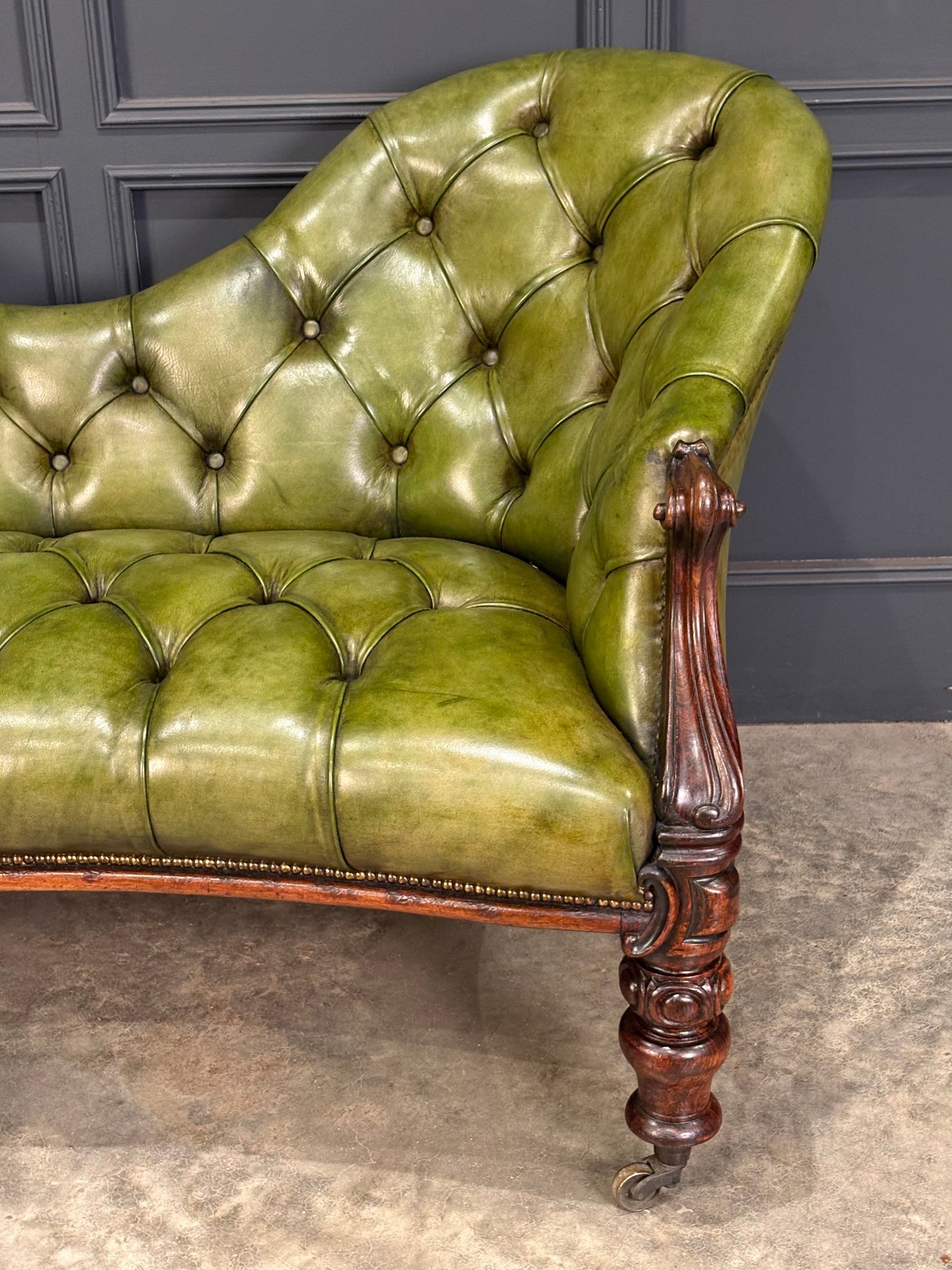 Victorian Green Buttoned Leather Double Spoon-Back Sofa