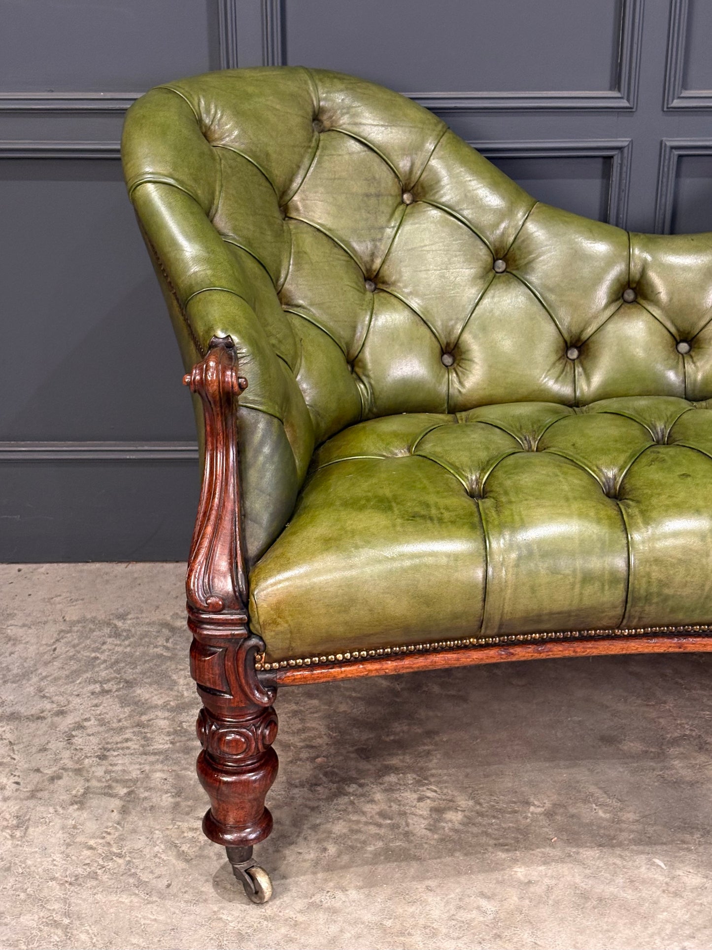 Victorian Green Buttoned Leather Double Spoon-Back Sofa