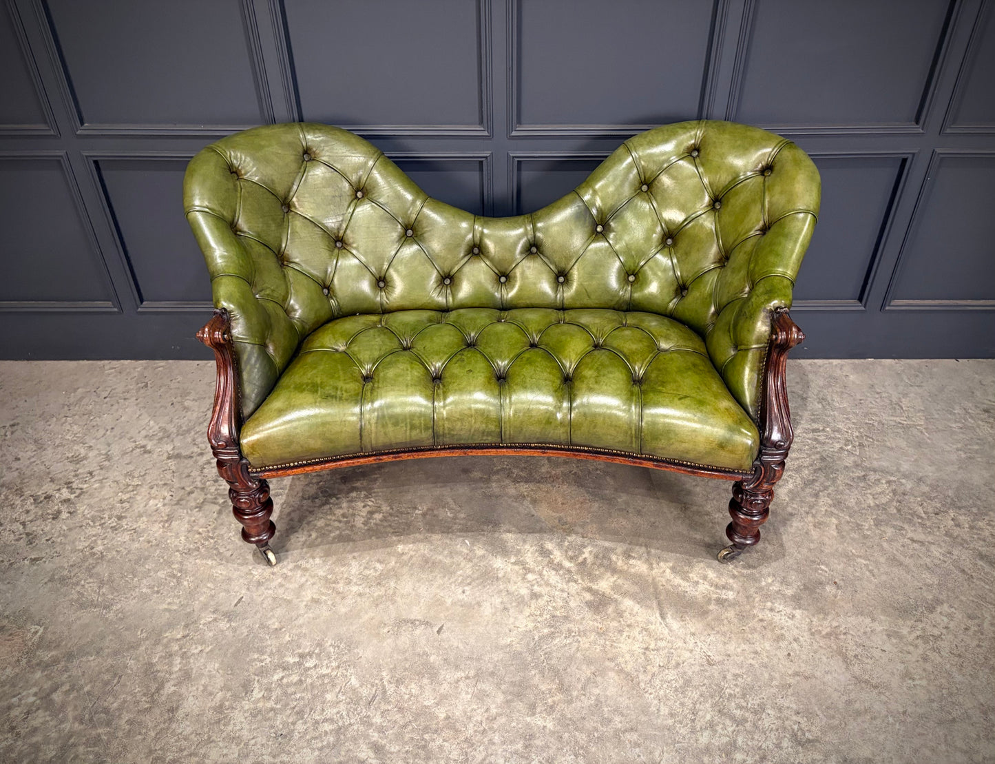 Victorian Green Buttoned Leather Double Spoon-Back Sofa