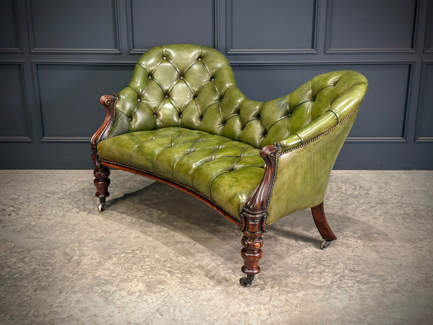 Victorian Green Buttoned Leather Double Spoon-Back Sofa