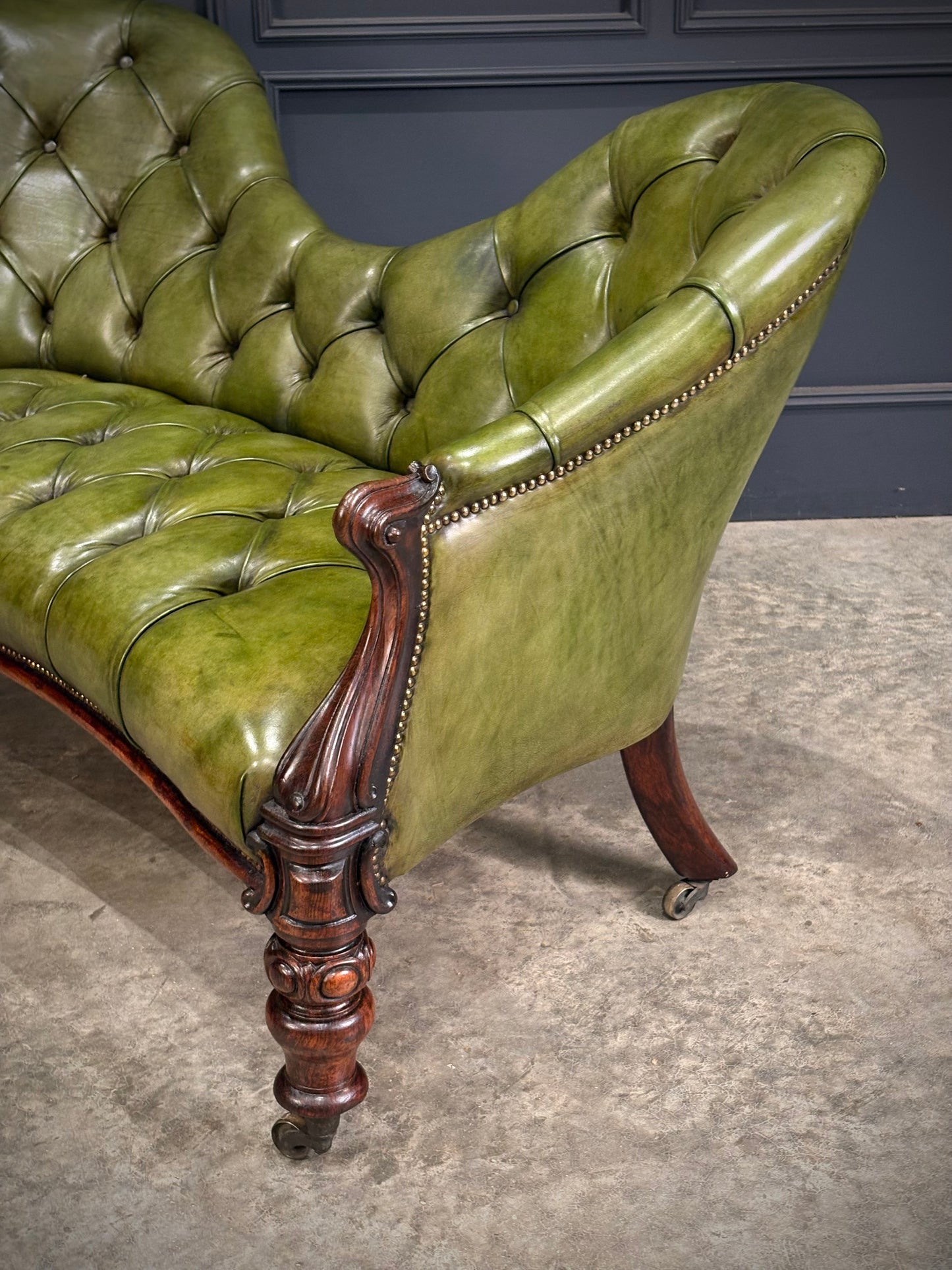 Victorian Green Buttoned Leather Double Spoon-Back Sofa