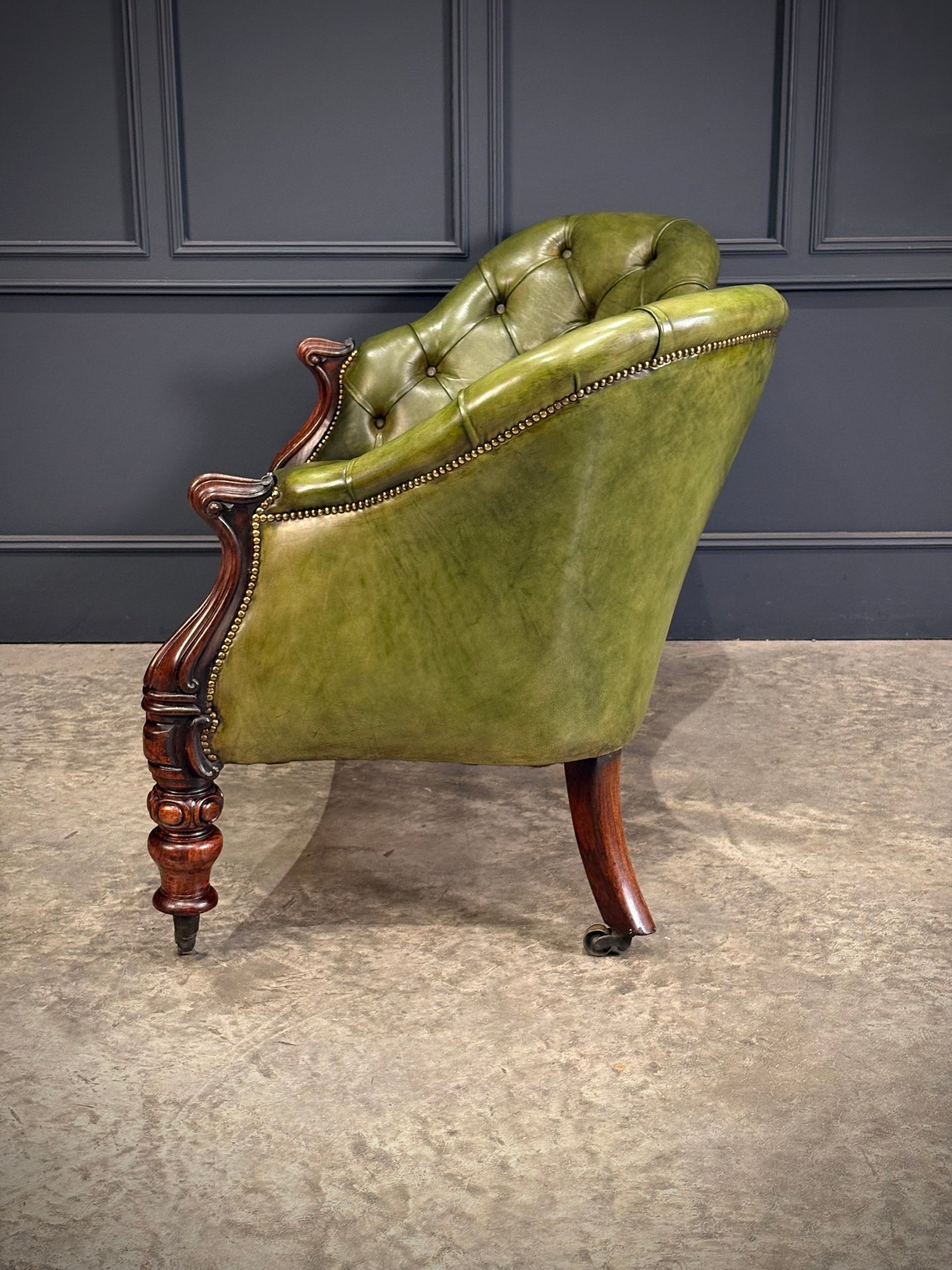 Victorian Green Buttoned Leather Double Spoon-Back Sofa