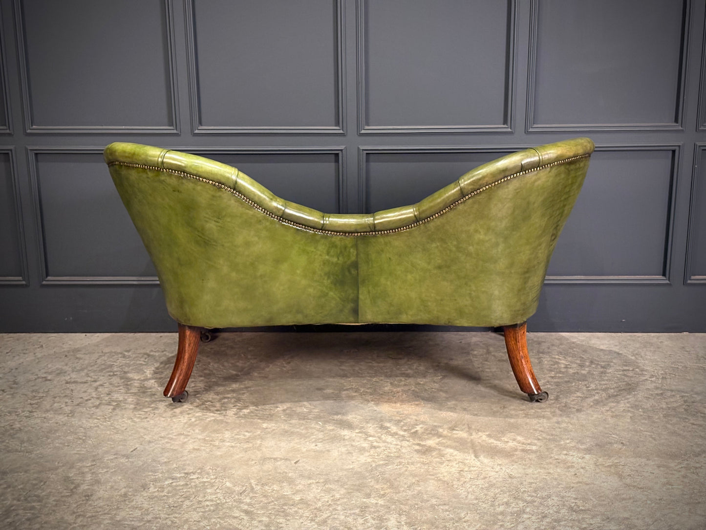 Victorian Green Buttoned Leather Double Spoon-Back Sofa