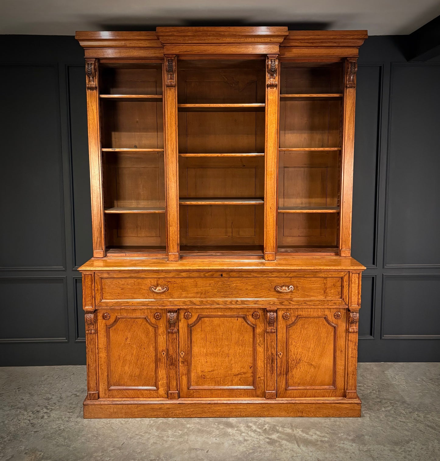 Early Victorian Breakfront Oak Bookcase