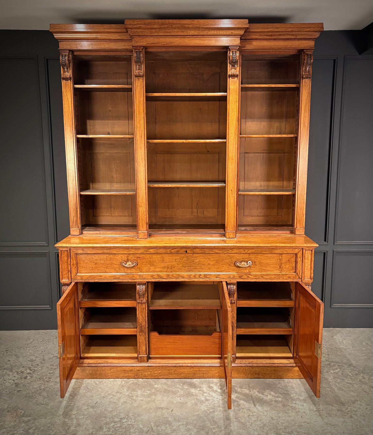 Early Victorian Breakfront Oak Bookcase