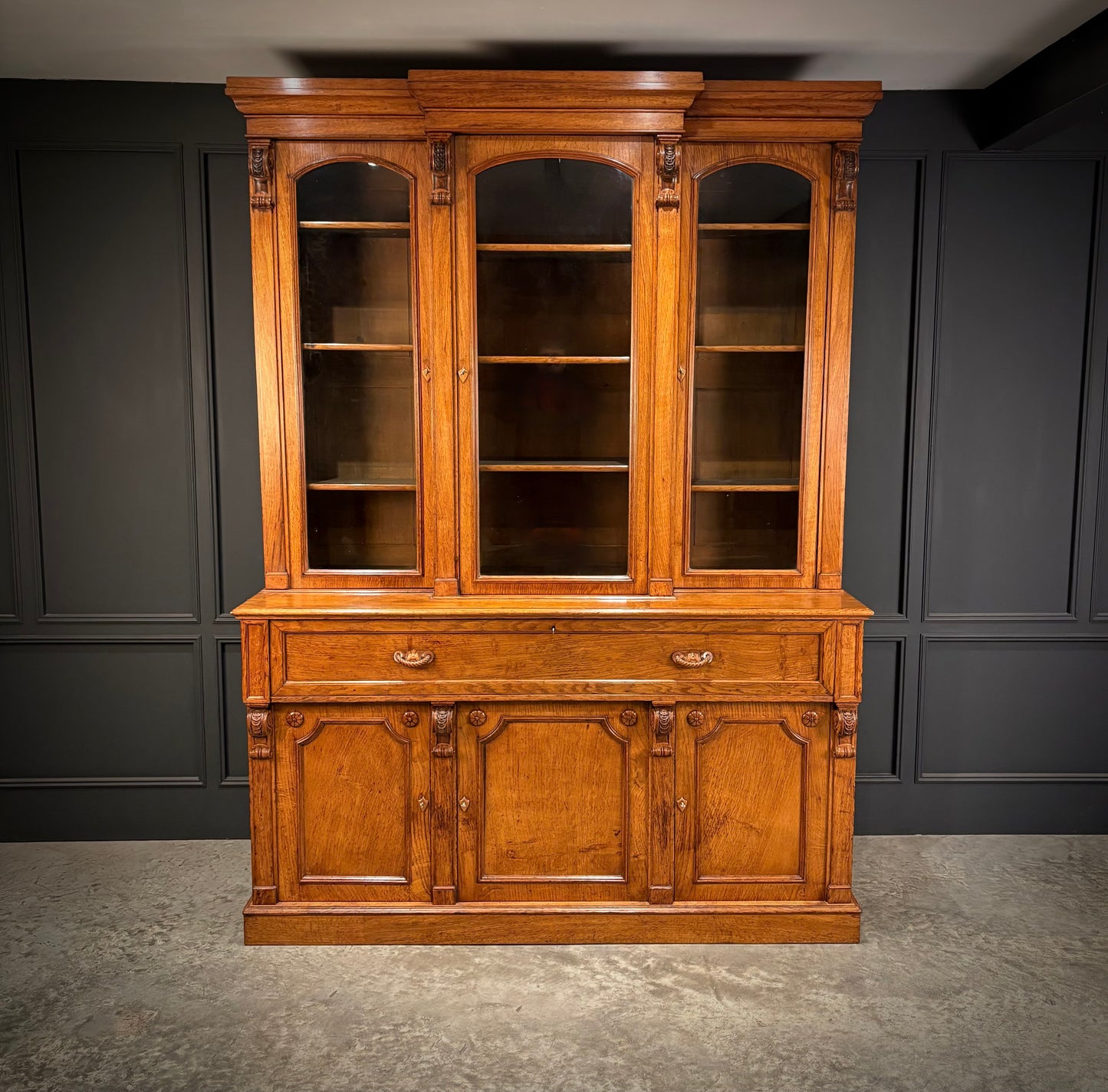 Early Victorian Breakfront Oak Bookcase