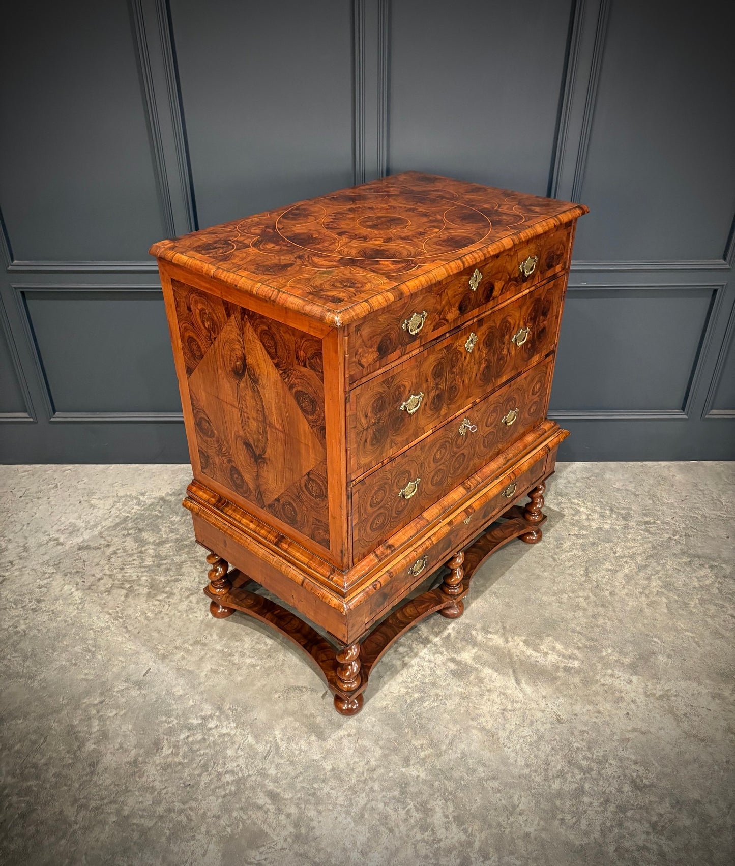 Rare William & Mary Olive Wood Oyster Chest on Stand