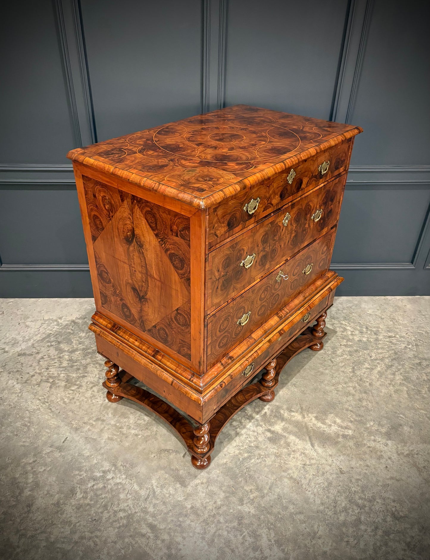 Rare William & Mary Olive Wood Oyster Chest on Stand