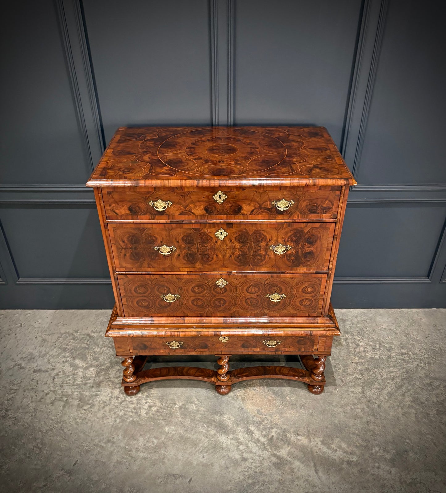 Rare William & Mary Olive Wood Oyster Chest on Stand