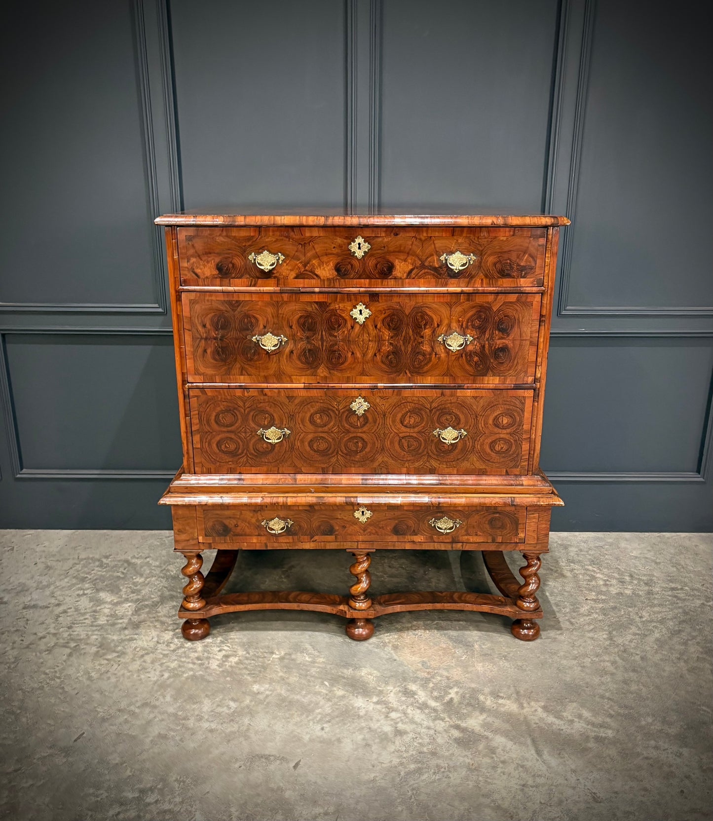 Rare William & Mary Olive Wood Oyster Chest on Stand