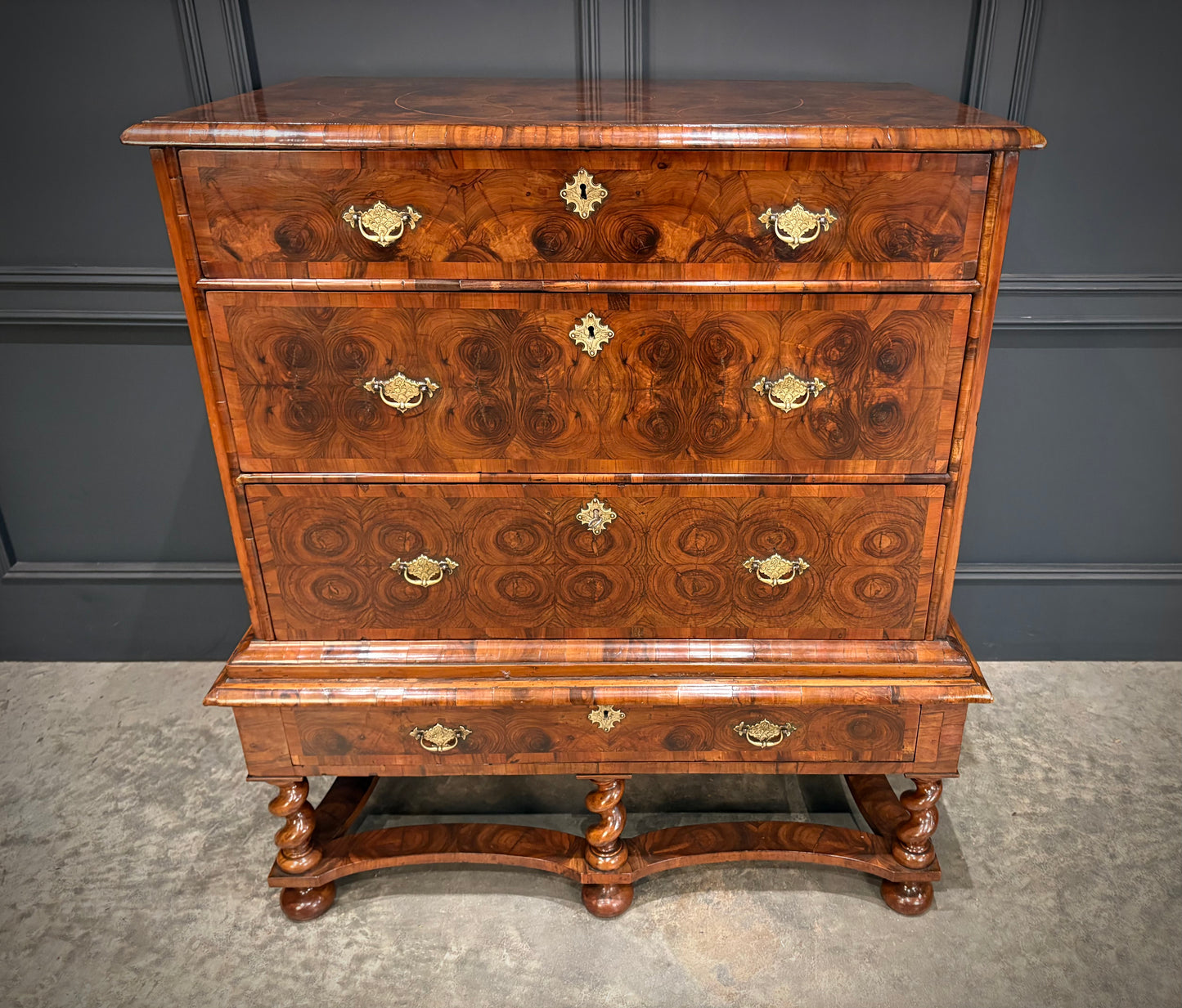 Rare William & Mary Olive Wood Oyster Chest on Stand