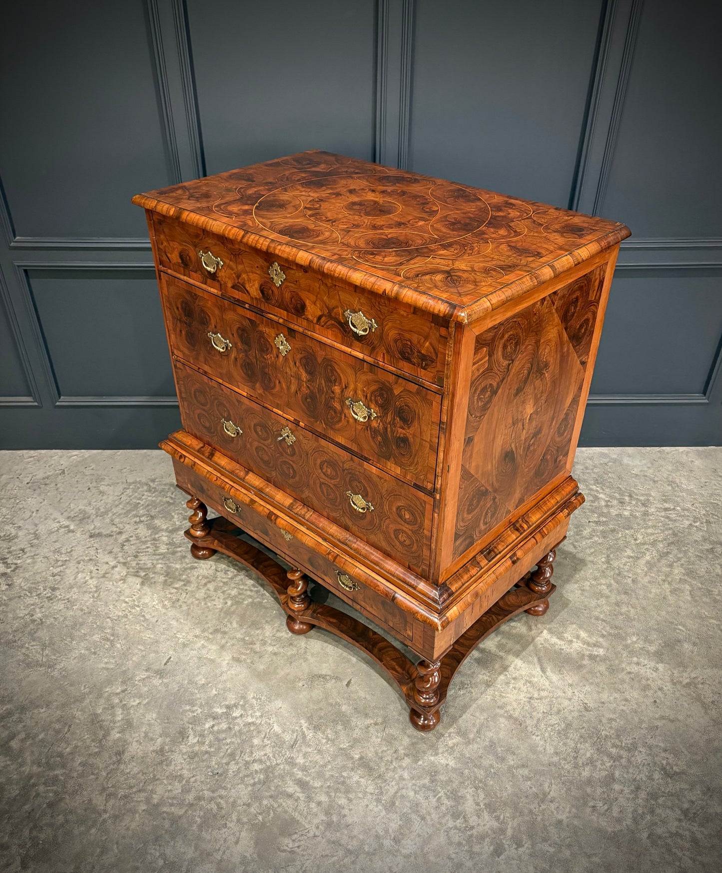 Rare William & Mary Olive Wood Oyster Chest on Stand