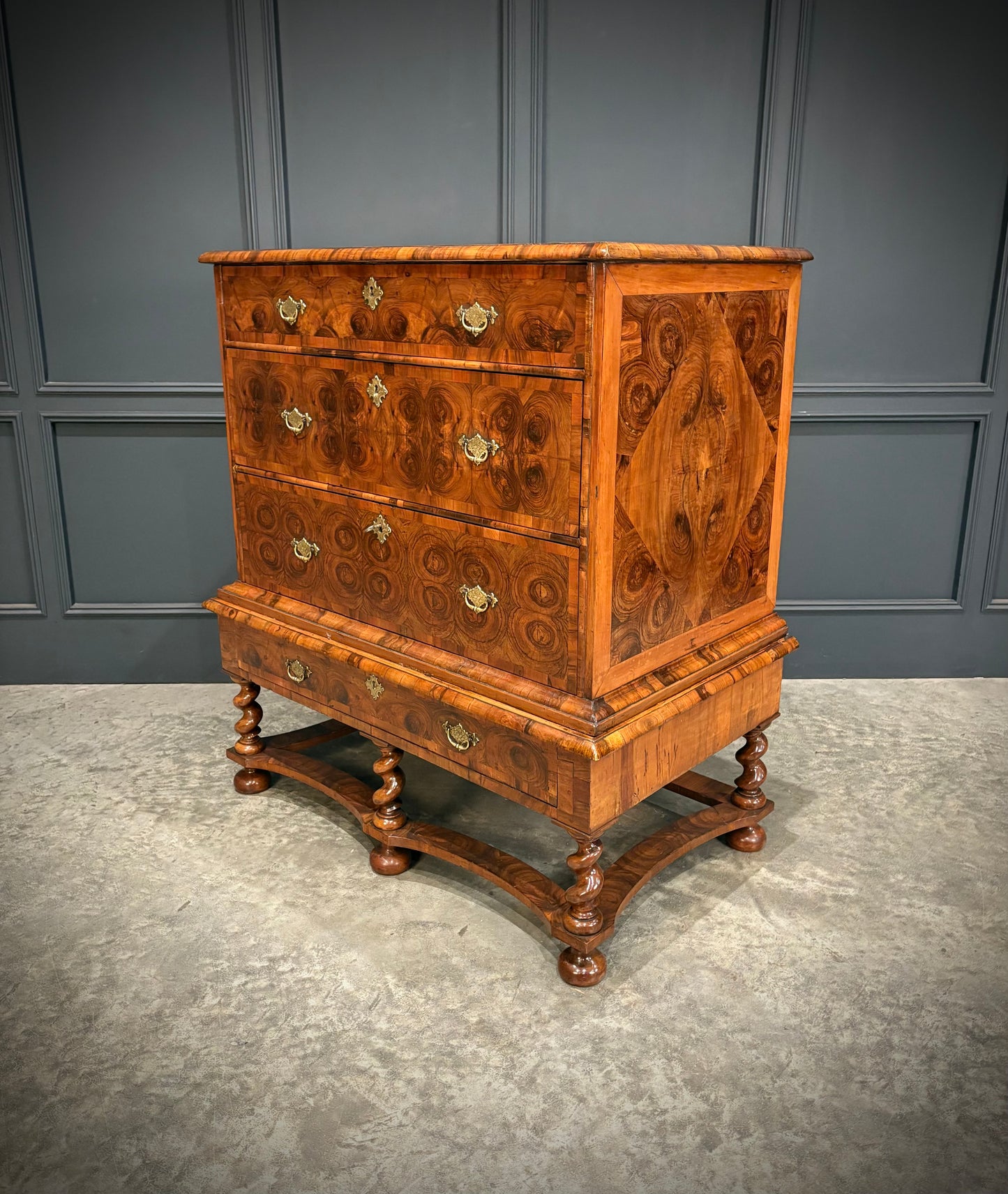 Rare William & Mary Olive Wood Oyster Chest on Stand