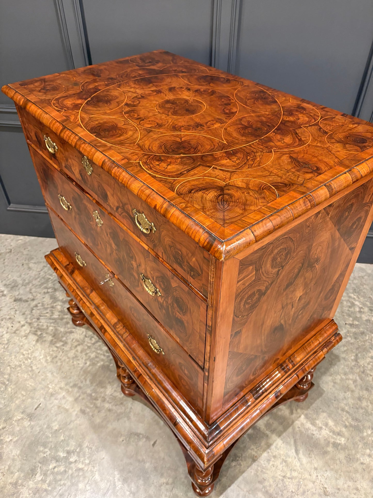 Rare William & Mary Olive Wood Oyster Chest on Stand