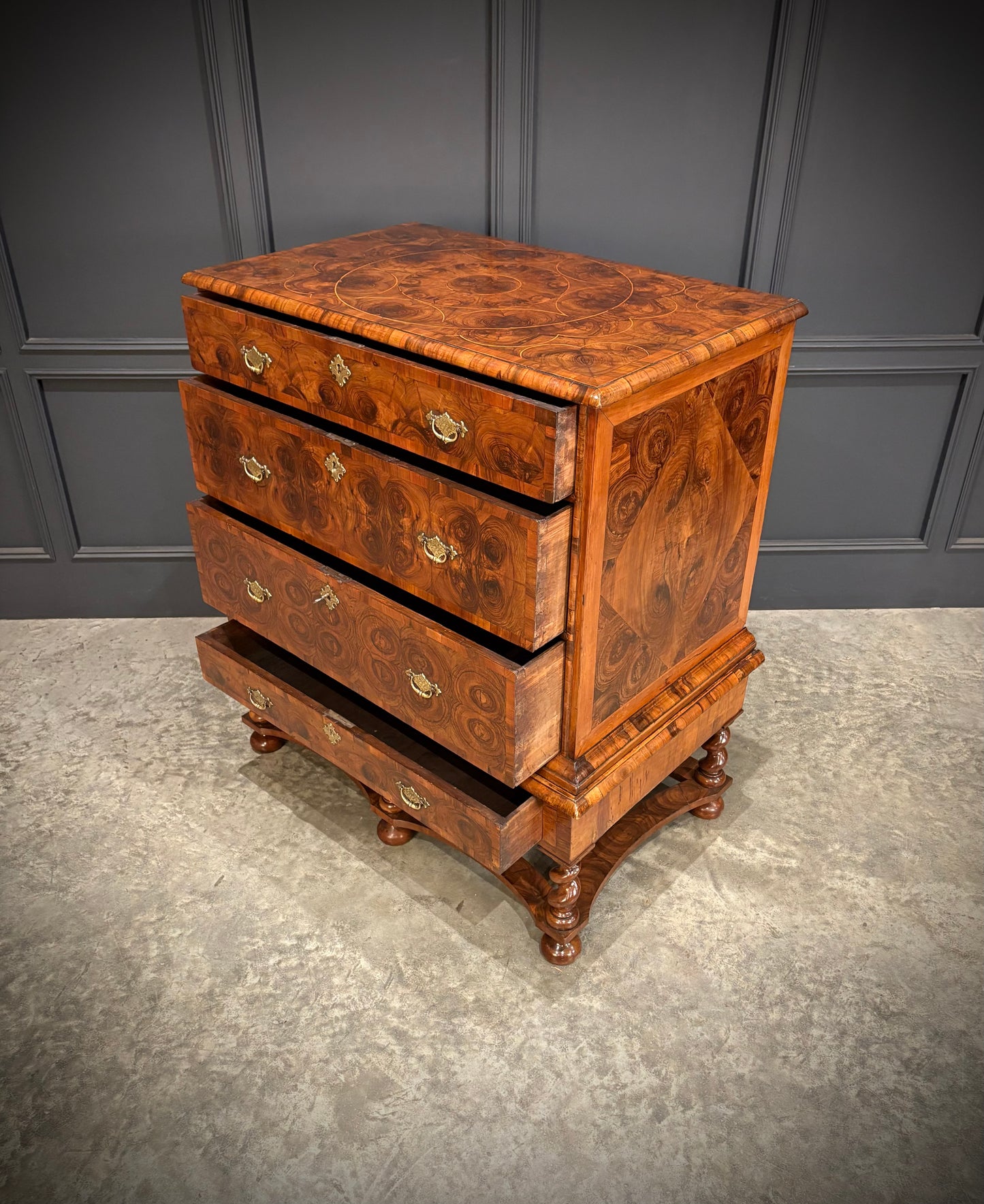 Rare William & Mary Olive Wood Oyster Chest on Stand