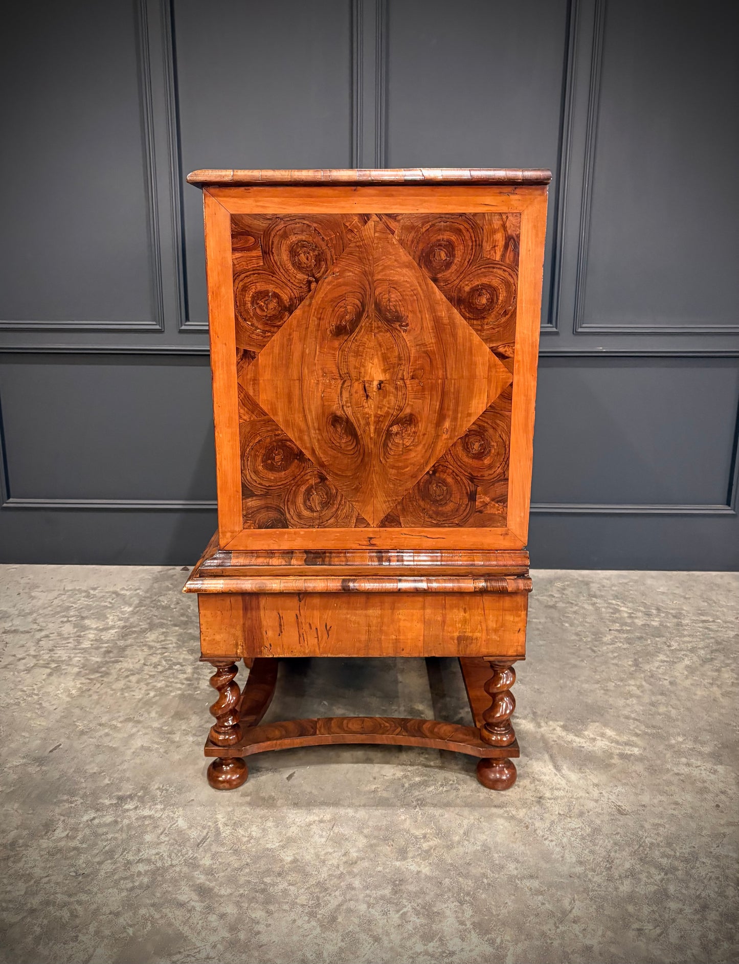 Rare William & Mary Olive Wood Oyster Chest on Stand
