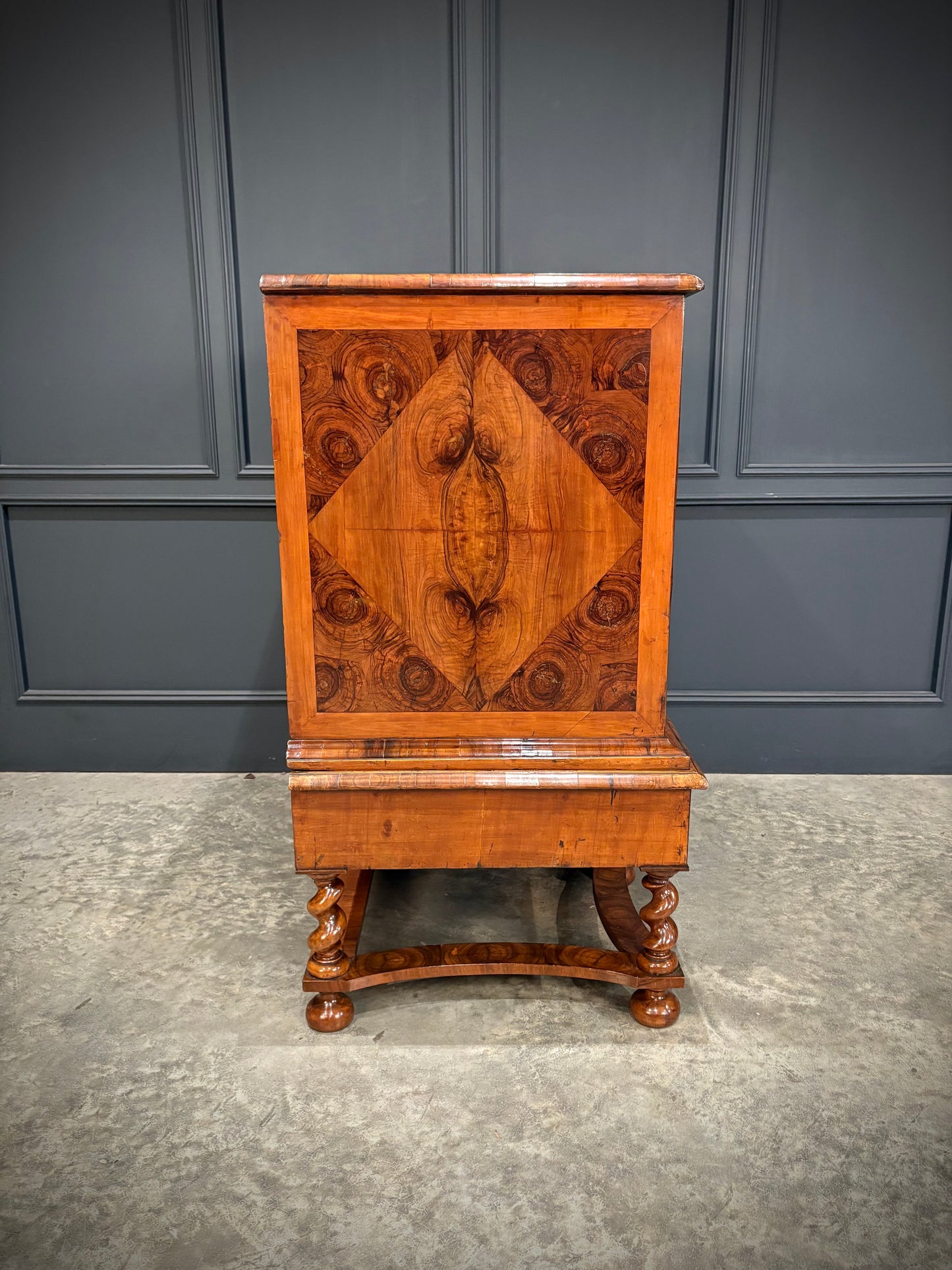Rare William & Mary Olive Wood Oyster Chest on Stand