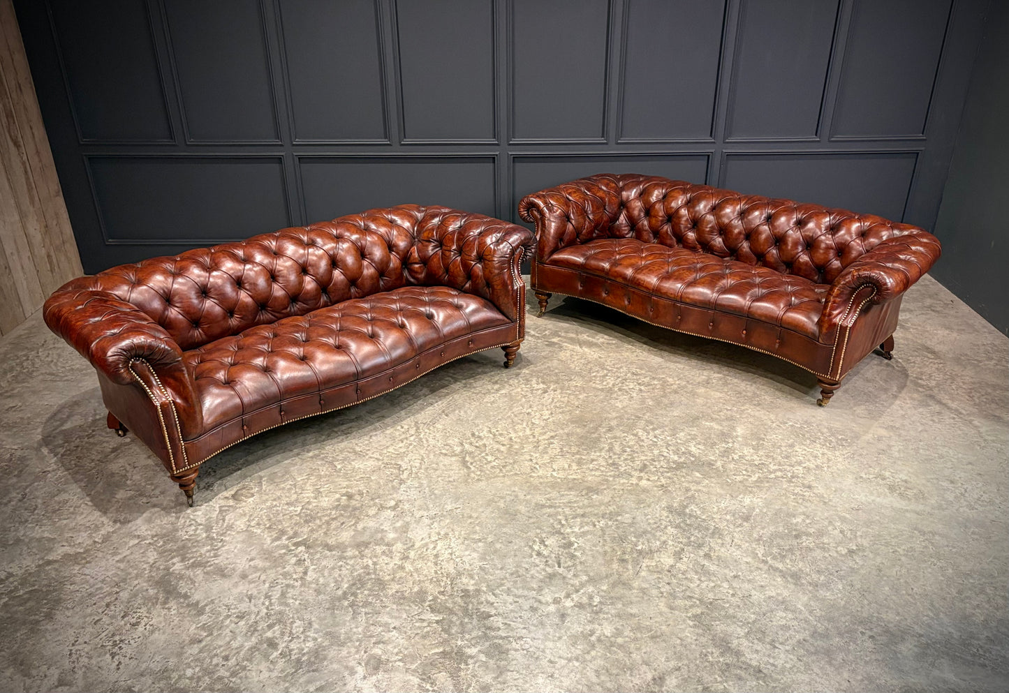 Pair of Hand Dyed Brown Leather Chesterfield Sofas