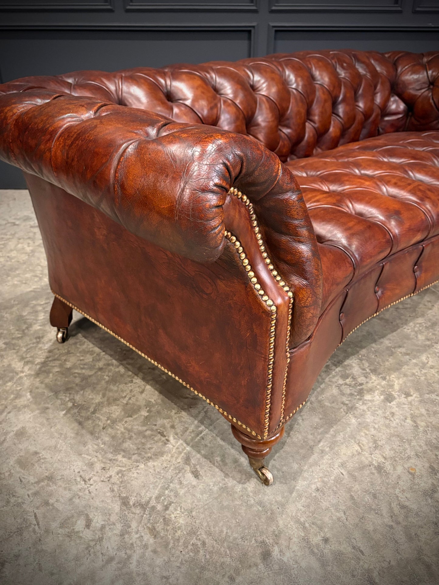 Pair of Hand Dyed Brown Leather Chesterfield Sofas