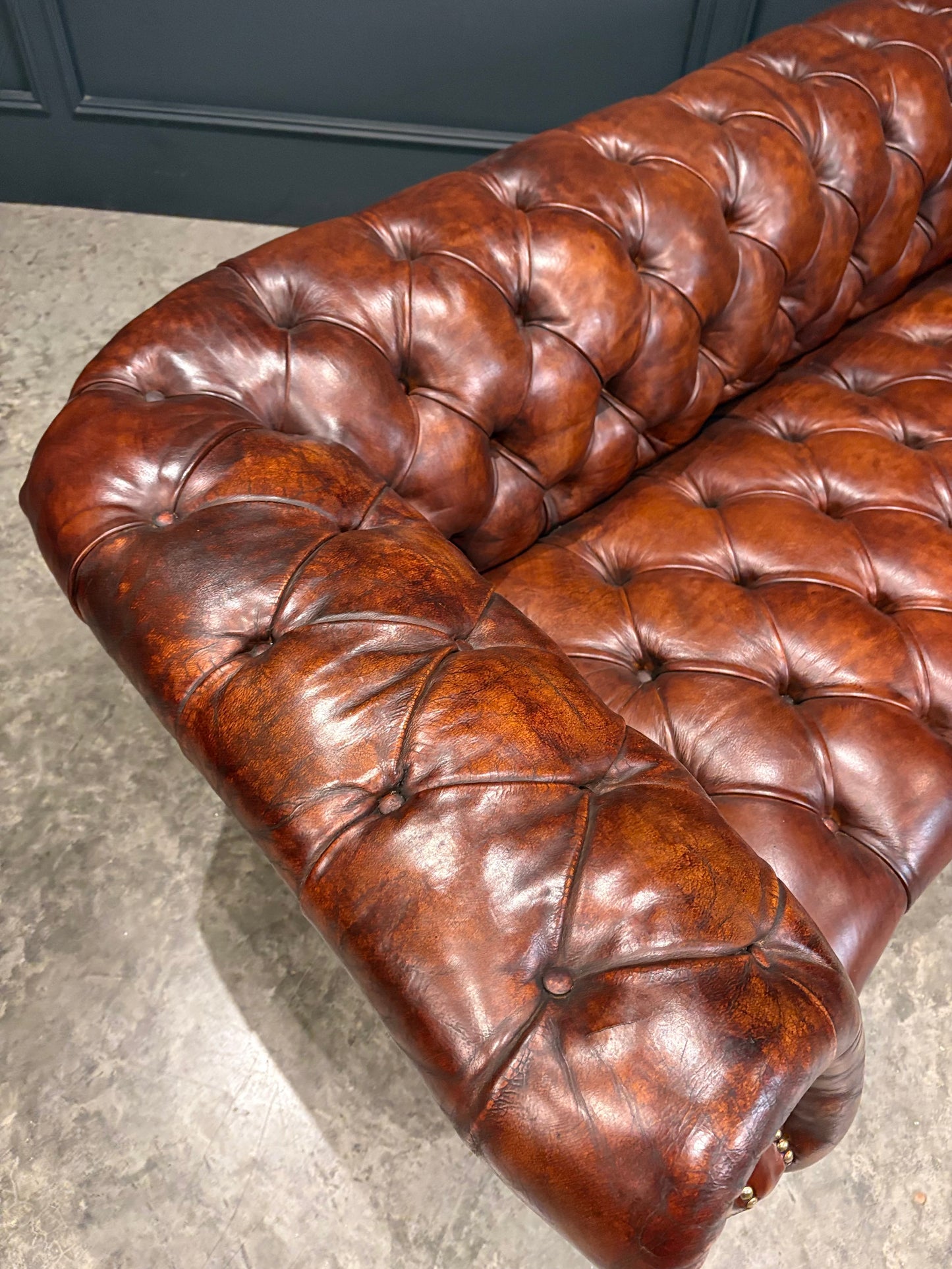Pair of Hand Dyed Brown Leather Chesterfield Sofas