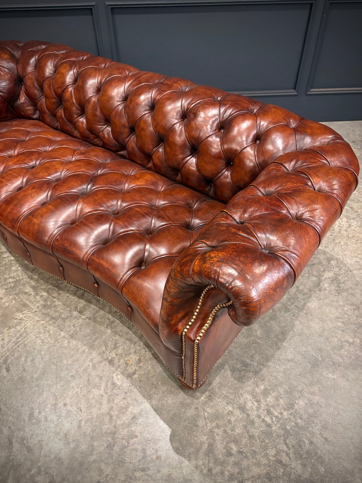 Pair of Hand Dyed Brown Leather Chesterfield Sofas
