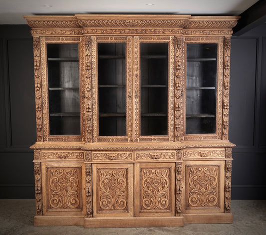 Impressive Bleached Carved Oak Glazed Bookcase