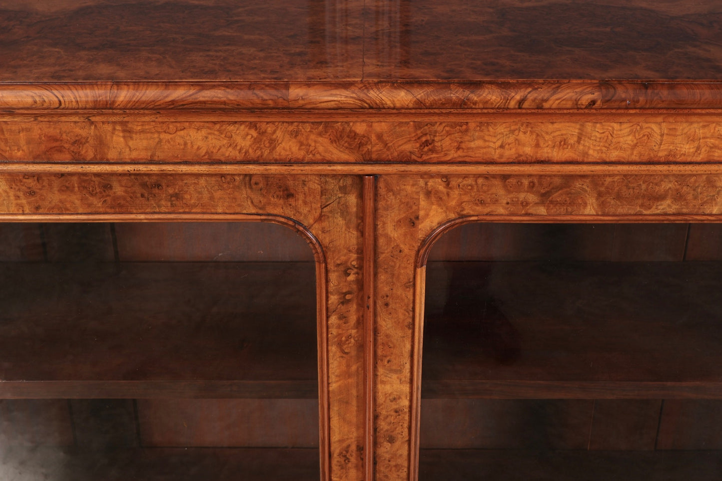 Large Burr Walnut Breakfront Dwarf Glazed Bookcase