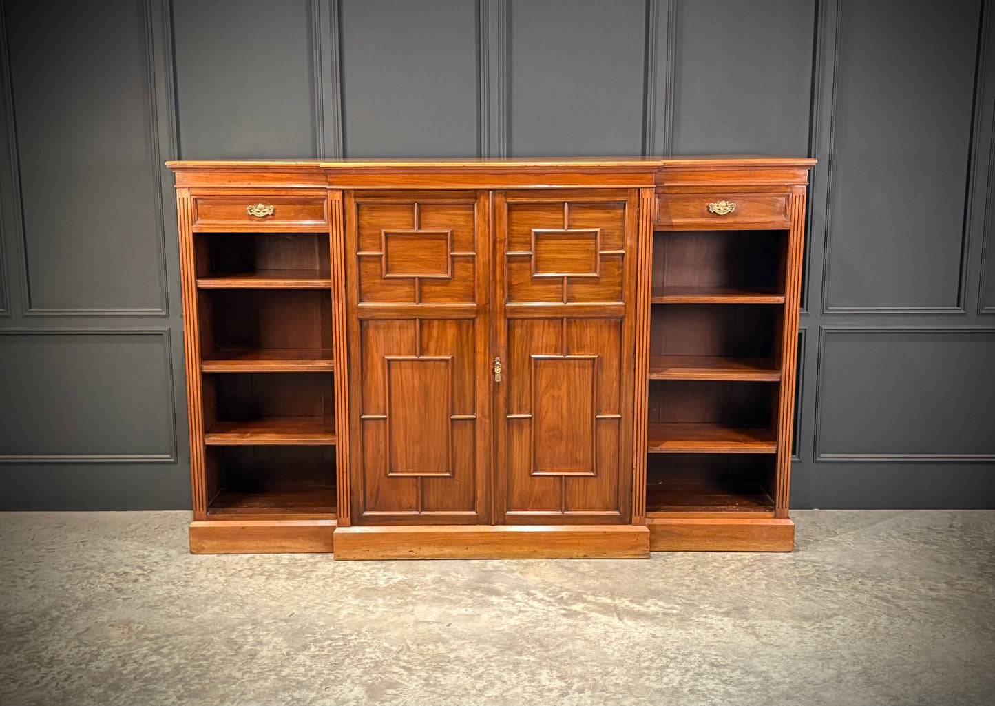 Large Breakfront Walnut Bookcase by Maple & Co.