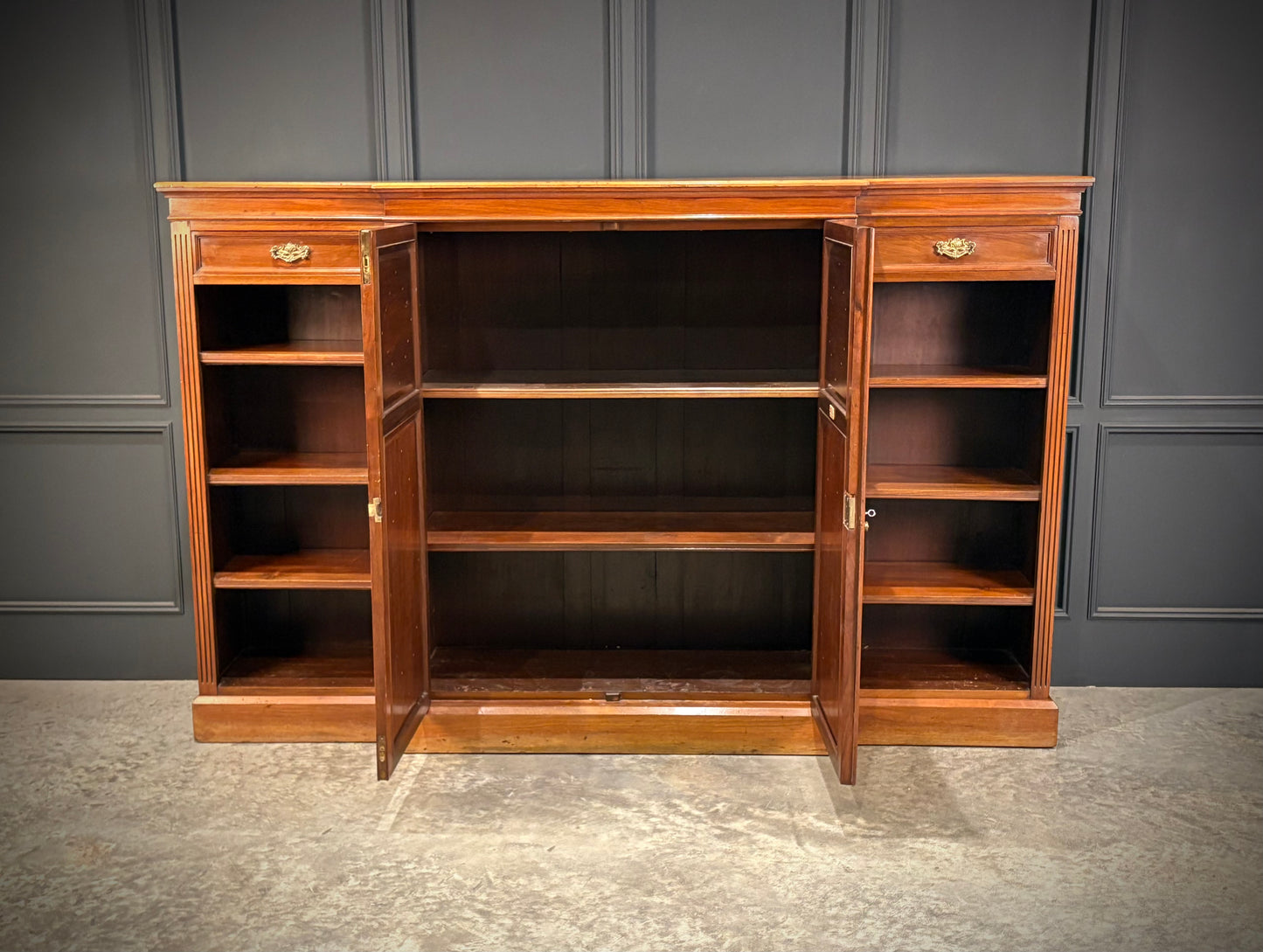 Large Breakfront Walnut Bookcase by Maple & Co.