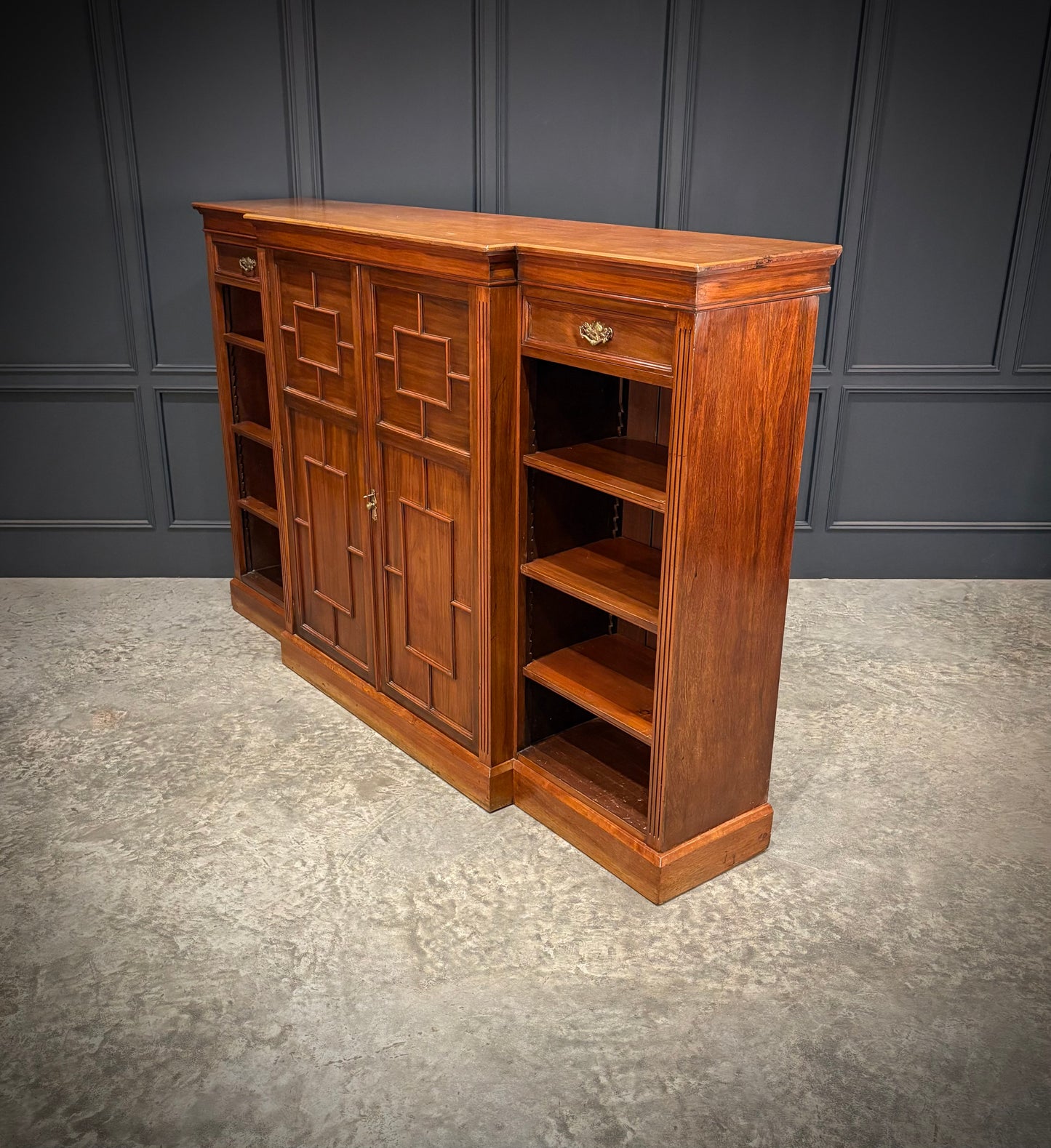 Large Breakfront Walnut Bookcase by Maple & Co.
