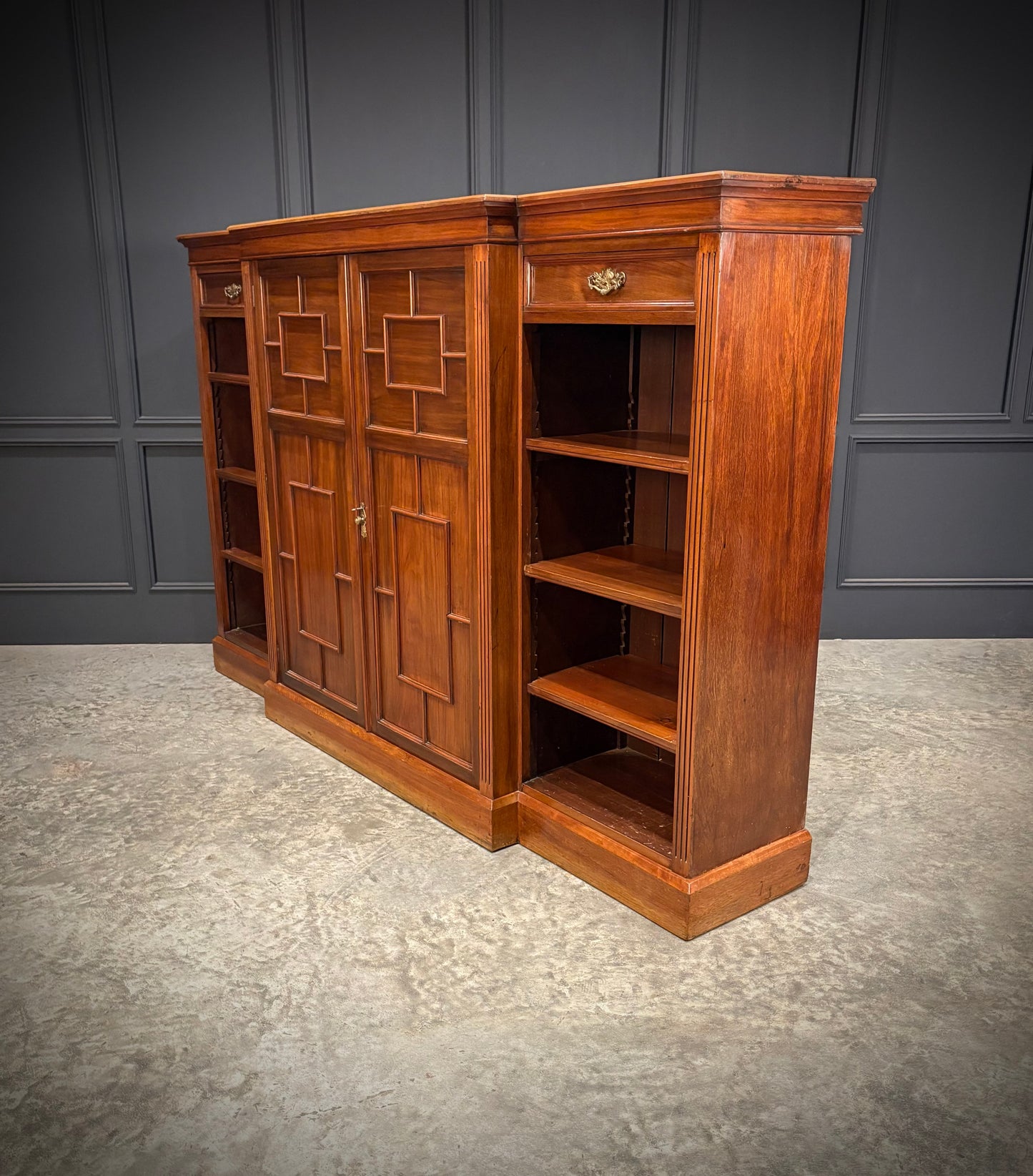 Large Breakfront Walnut Bookcase by Maple & Co.