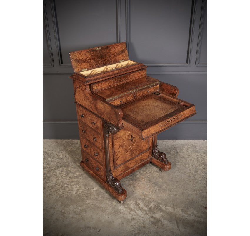 Magnificent Burr Walnut Marquetry Inlaid Davenport Desk