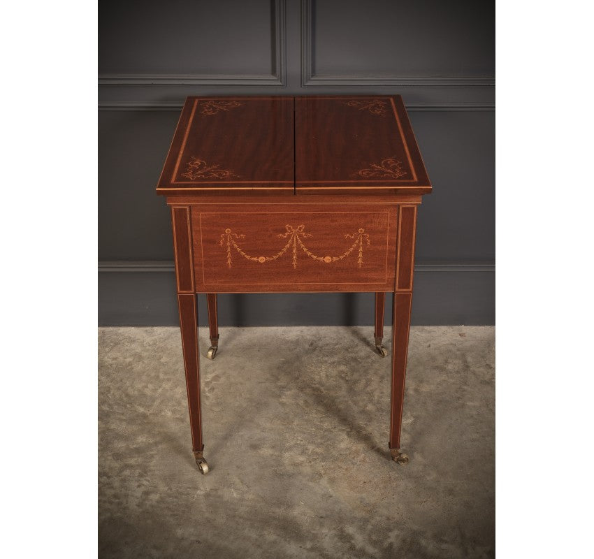 Mahogany Marquetry Inlaid Surprise Drinks Table by Maple & Co.