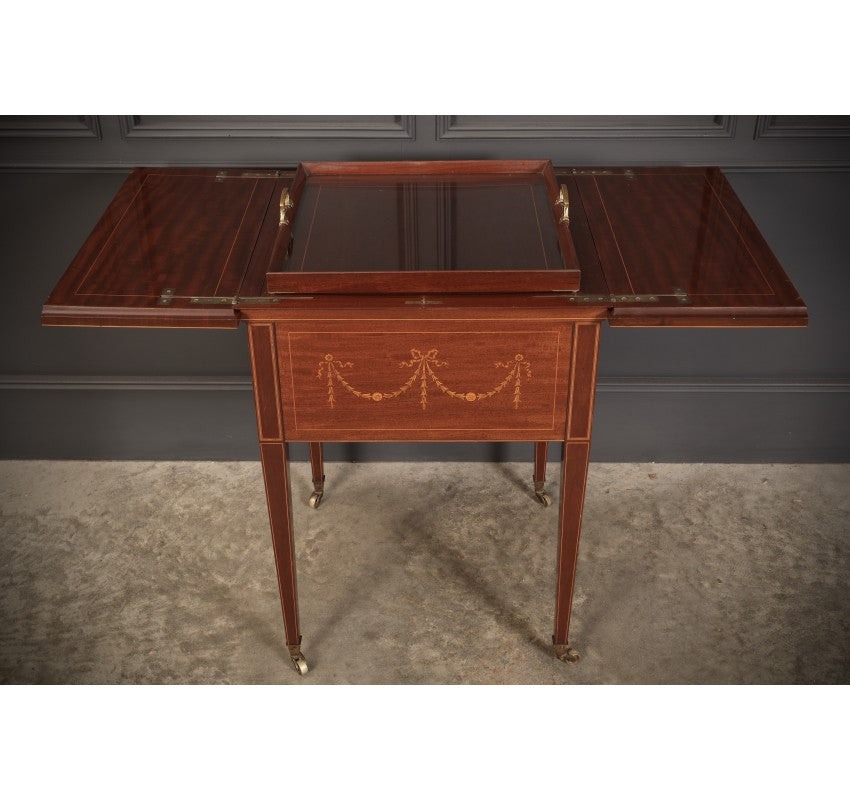 Mahogany Marquetry Inlaid Surprise Drinks Table by Maple & Co.