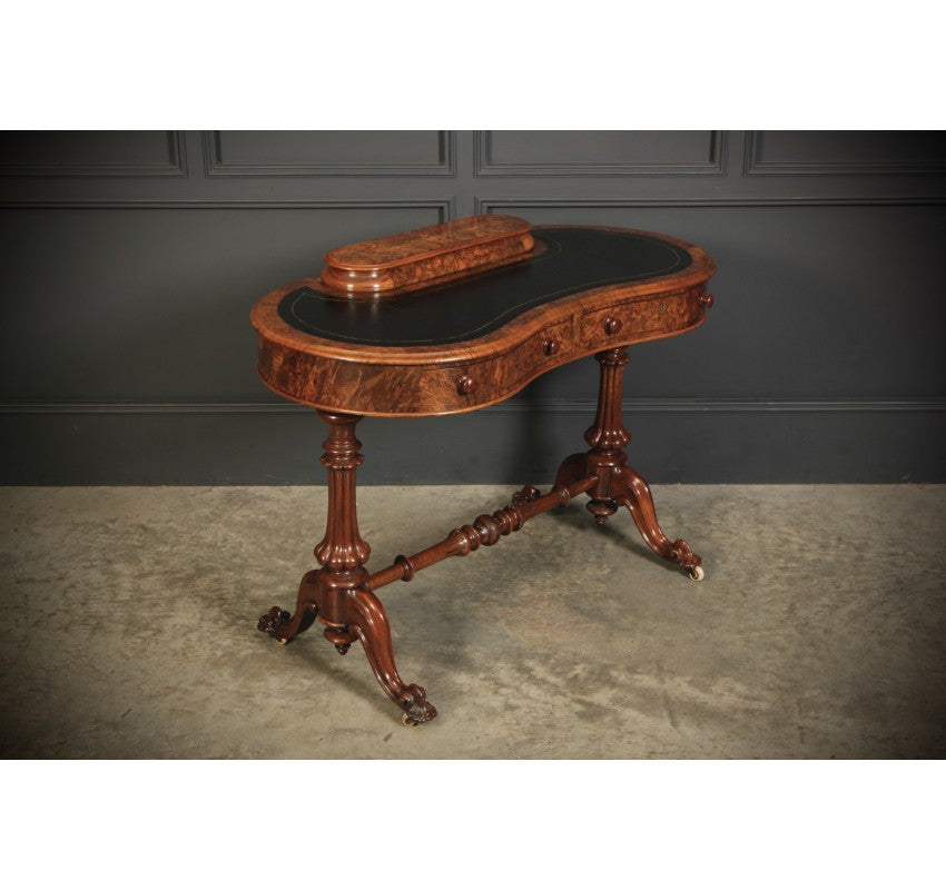 Marquetry Inlaid Burr Walnut Kidney Shaped Writing Table