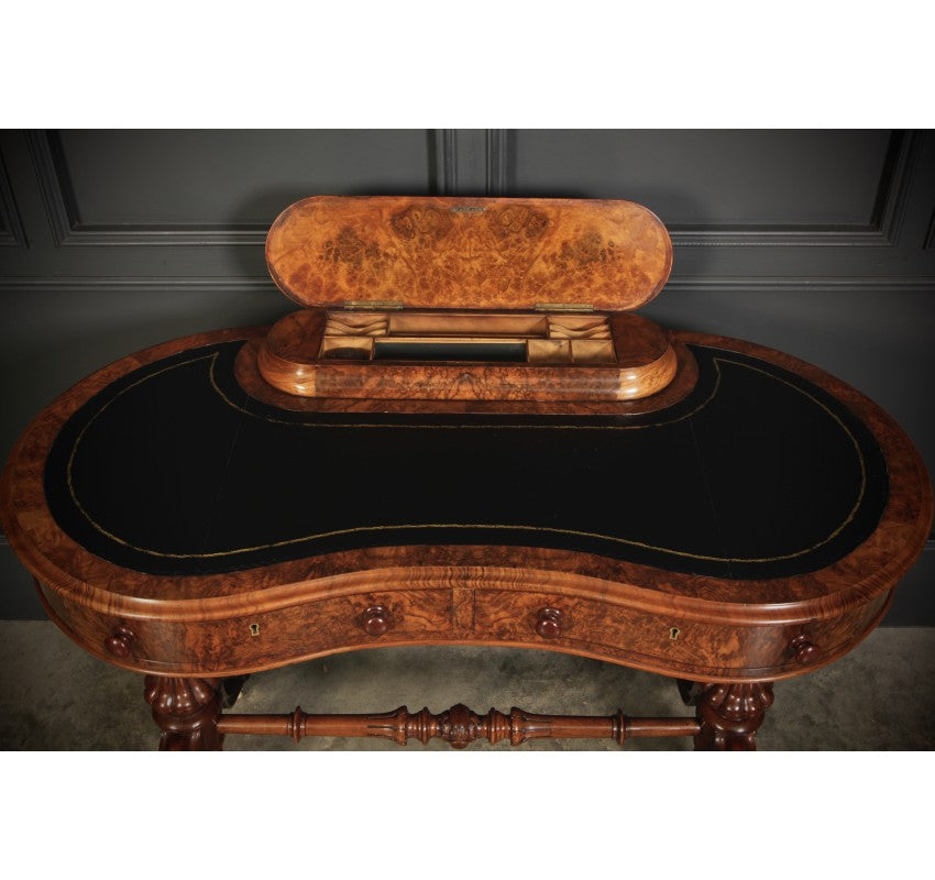 Marquetry Inlaid Burr Walnut Kidney Shaped Writing Table