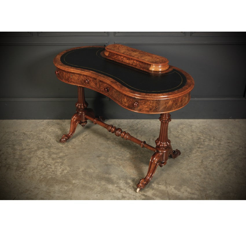 Marquetry Inlaid Burr Walnut Kidney Shaped Writing Table