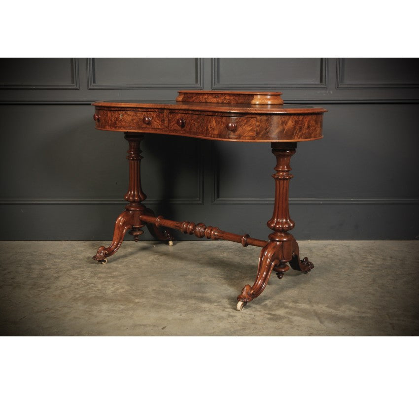 Marquetry Inlaid Burr Walnut Kidney Shaped Writing Table