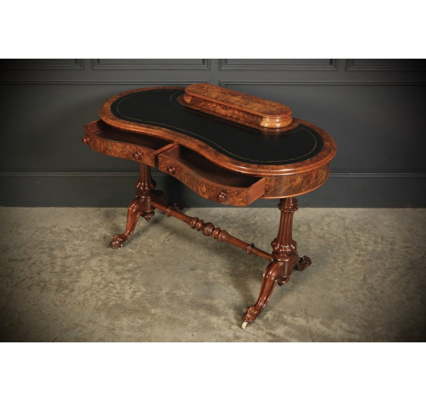 Marquetry Inlaid Burr Walnut Kidney Shaped Writing Table