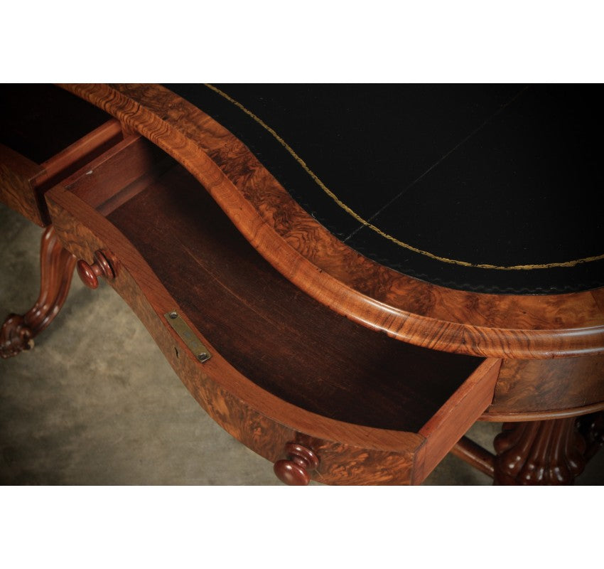 Marquetry Inlaid Burr Walnut Kidney Shaped Writing Table