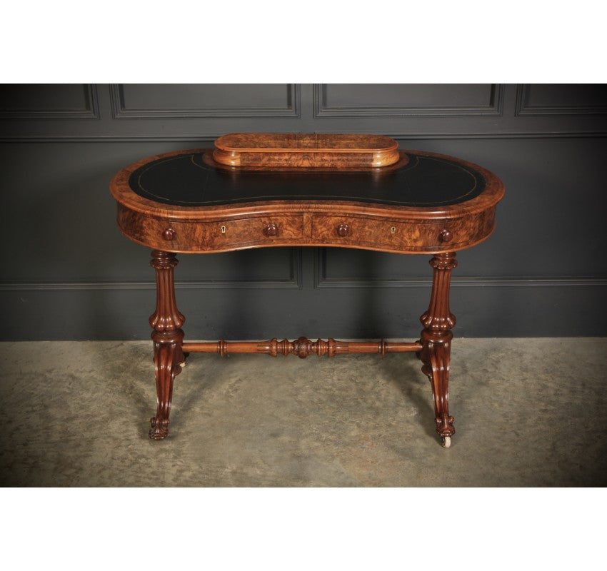 Marquetry Inlaid Burr Walnut Kidney Shaped Writing Table