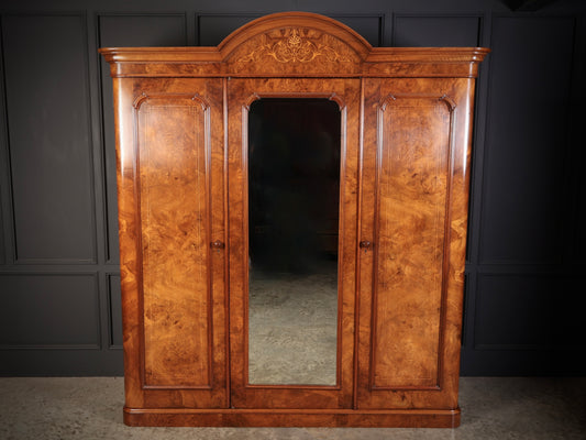 Marquetry Inlaid Figured Walnut Triple Wardrobe