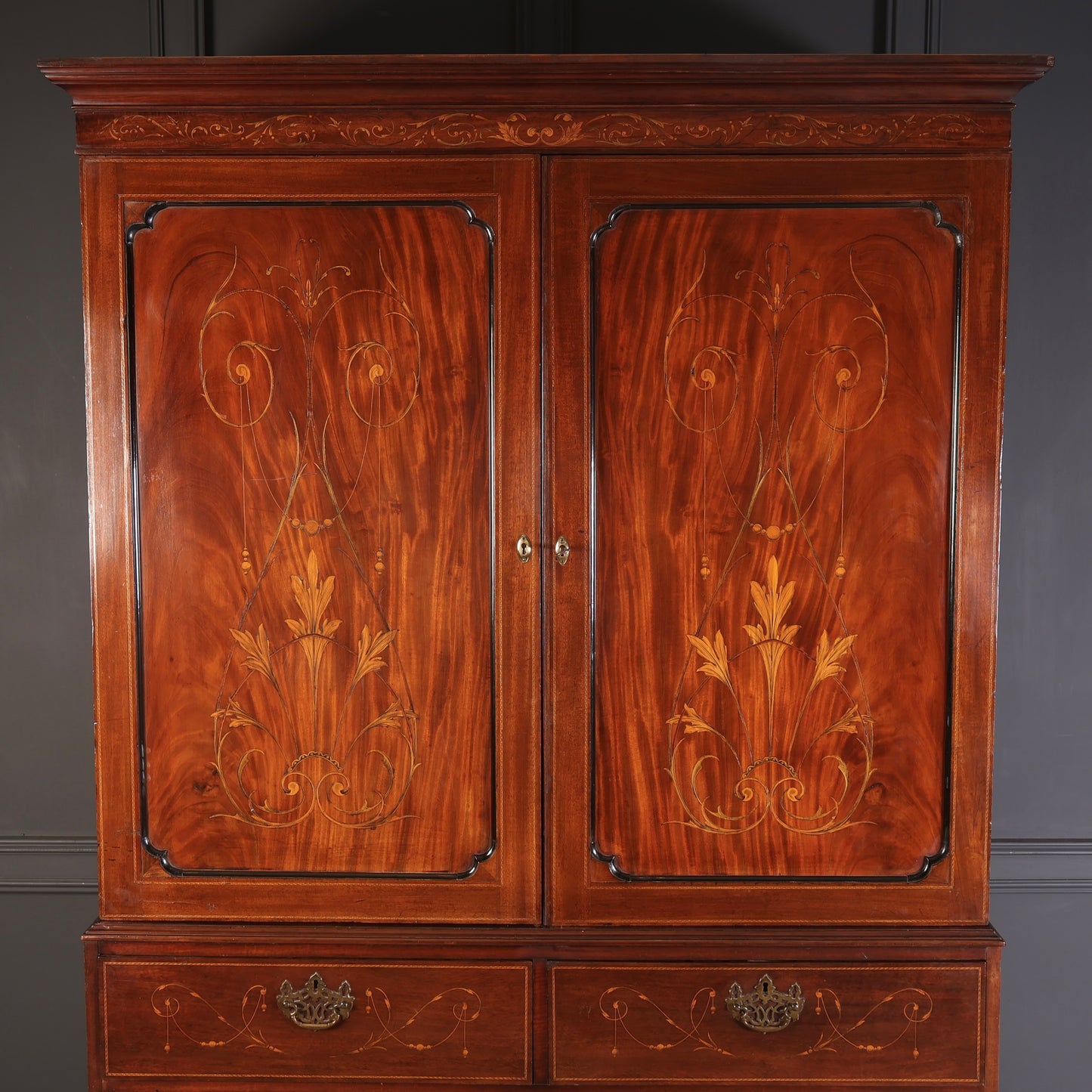 Marquetry Inlaid Mahogany Linen Press