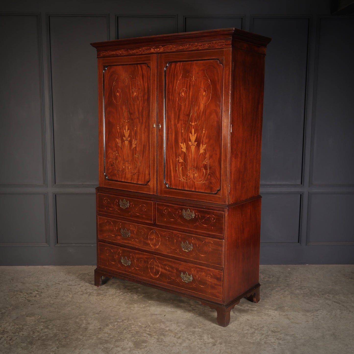 Marquetry Inlaid Mahogany Linen Press