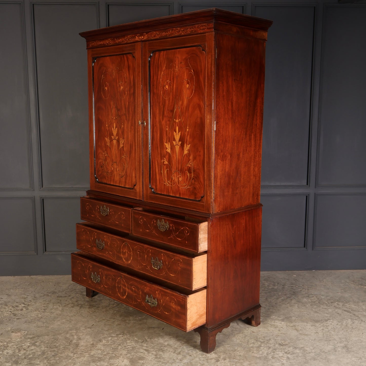 Marquetry Inlaid Mahogany Linen Press