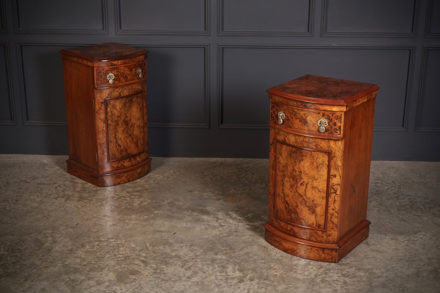 Pair of Burr Walnut Bow Front Bedside Cabinets