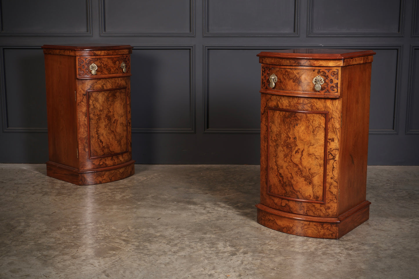 Pair of Burr Walnut Bow Front Bedside Cabinets