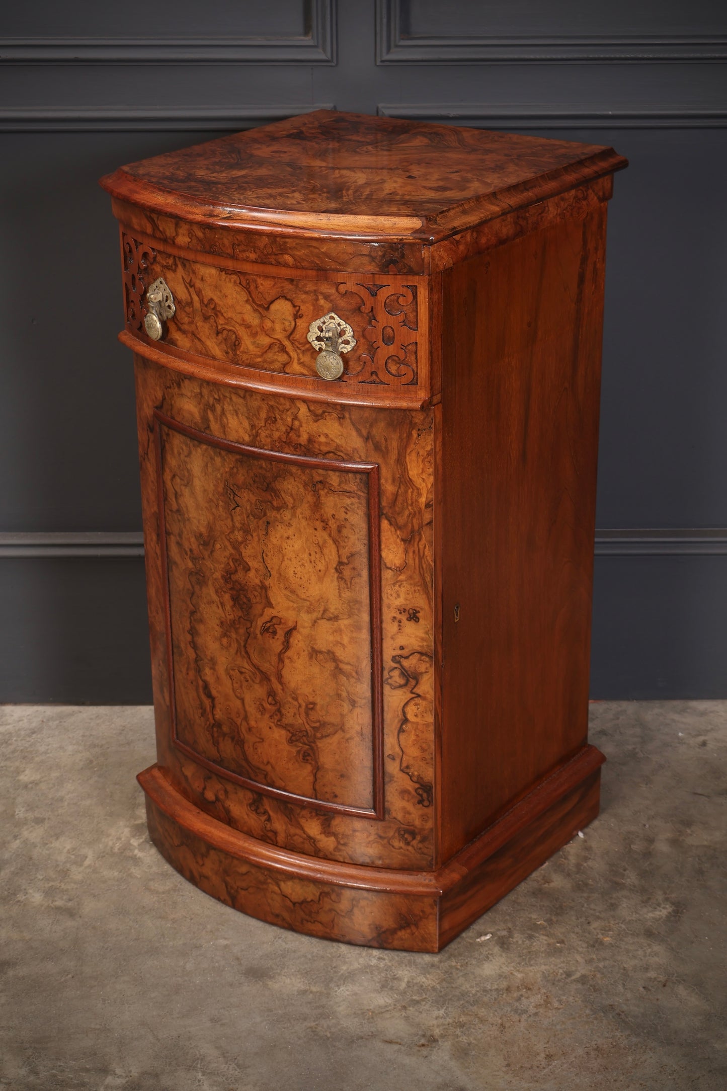 Pair of Burr Walnut Bow Front Bedside Cabinets